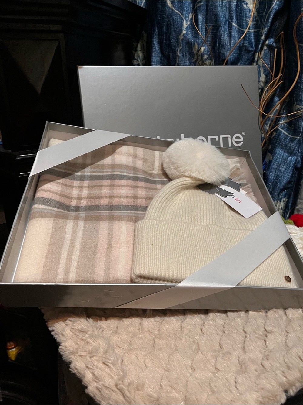 nwt Knit Pom Pom Hat and Plaid Scarf Set
